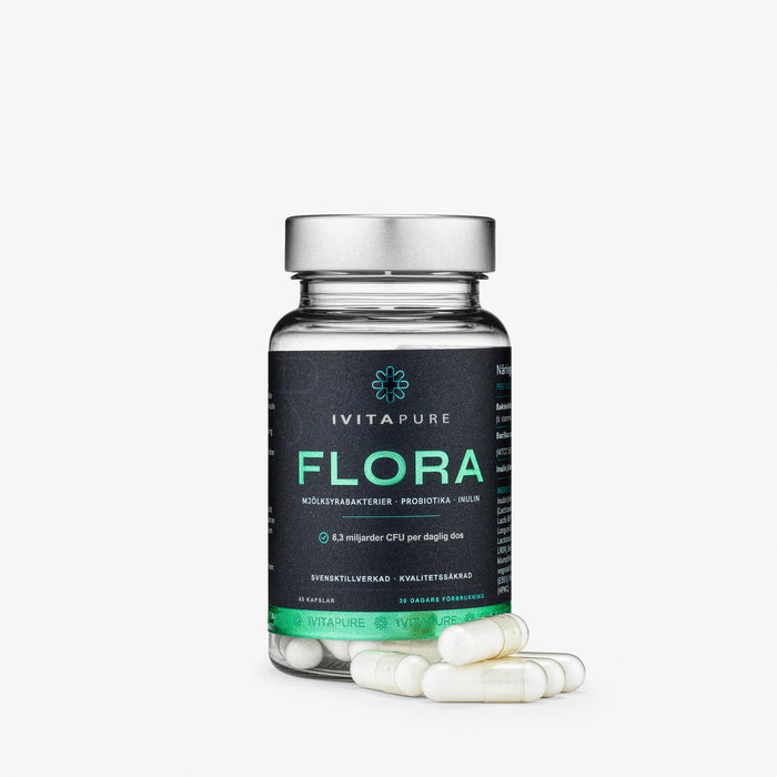 Ivitapure Flora, burken framifrån med kapslar framför
