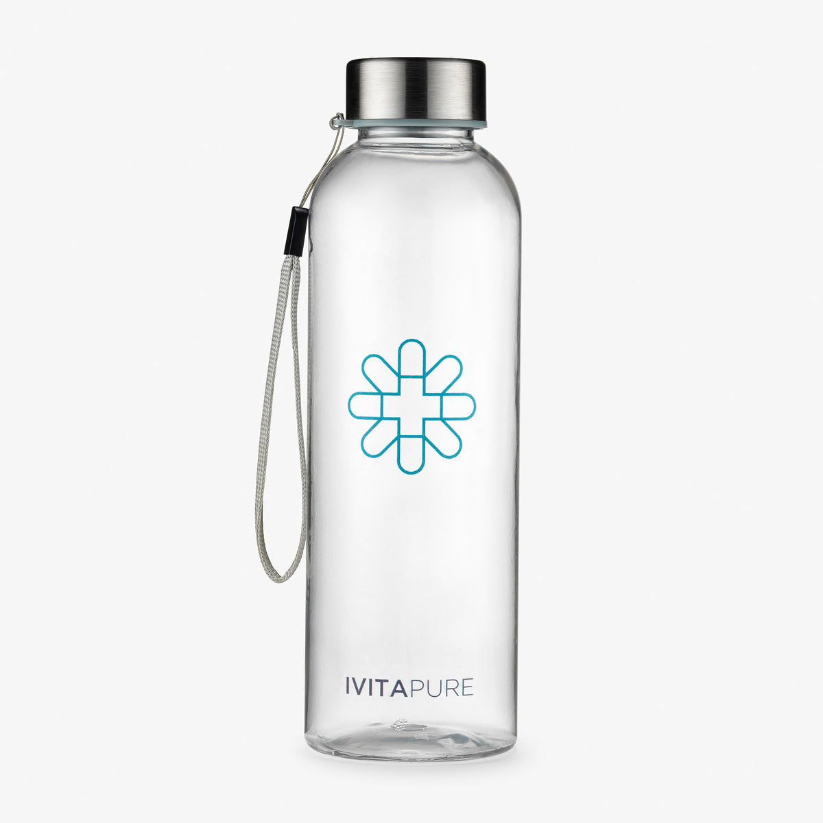 Ivitapure-flaskan i glas med lock i borstat stål och bärrem