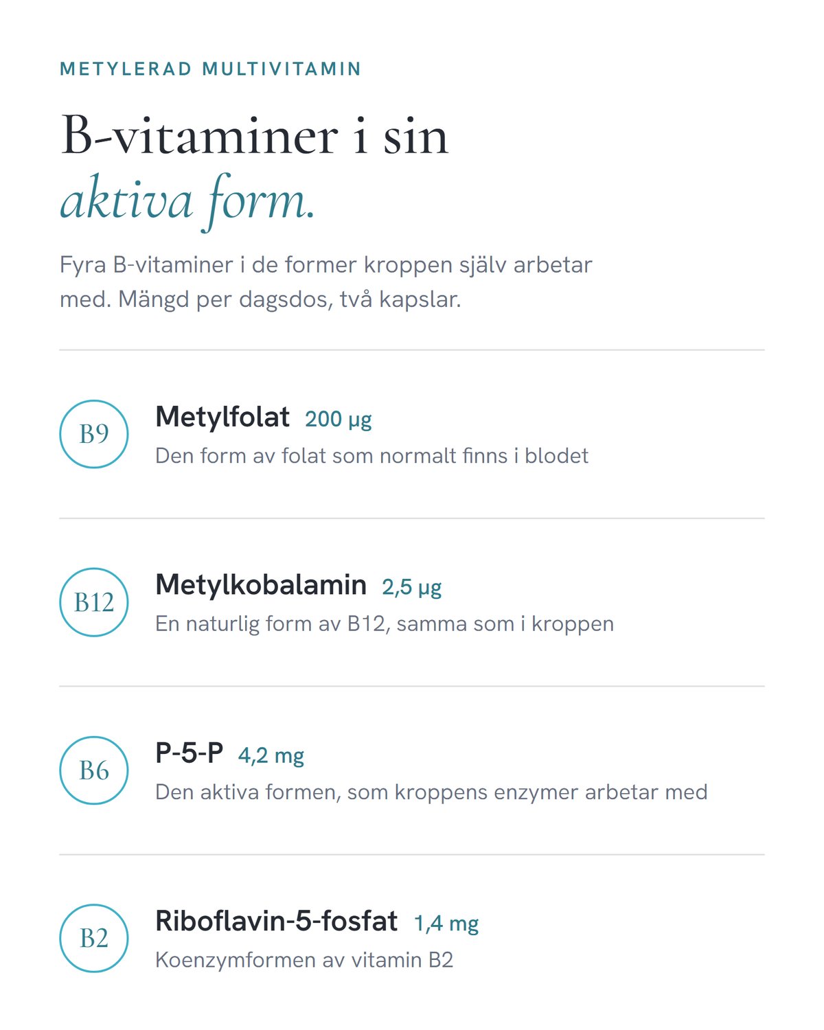 Fyra B-vitaminer i sin aktiva form: metylfolat, metylkobalamin, P-5-P och riboflavin-5-fosfat