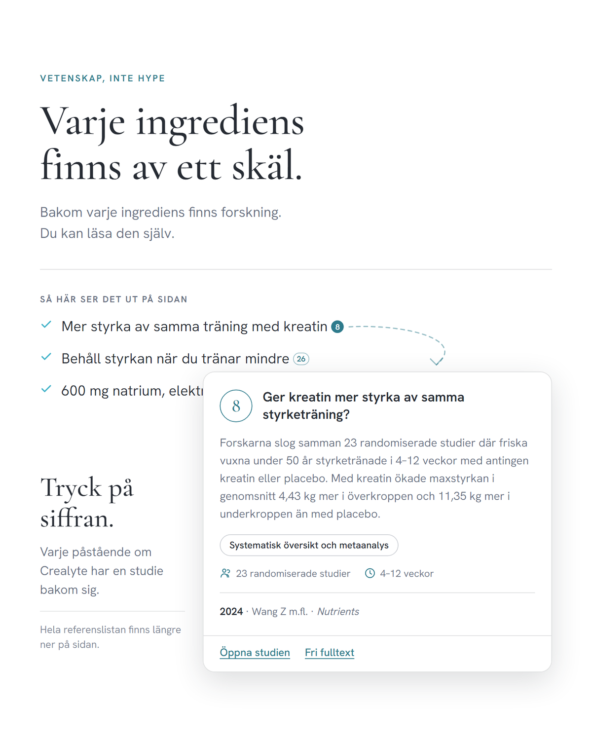 Tre påståenden om Crealyte, var och en med en referenssiffra, och ett uppslaget studiekort som visar vad som händer när man trycker på siffran