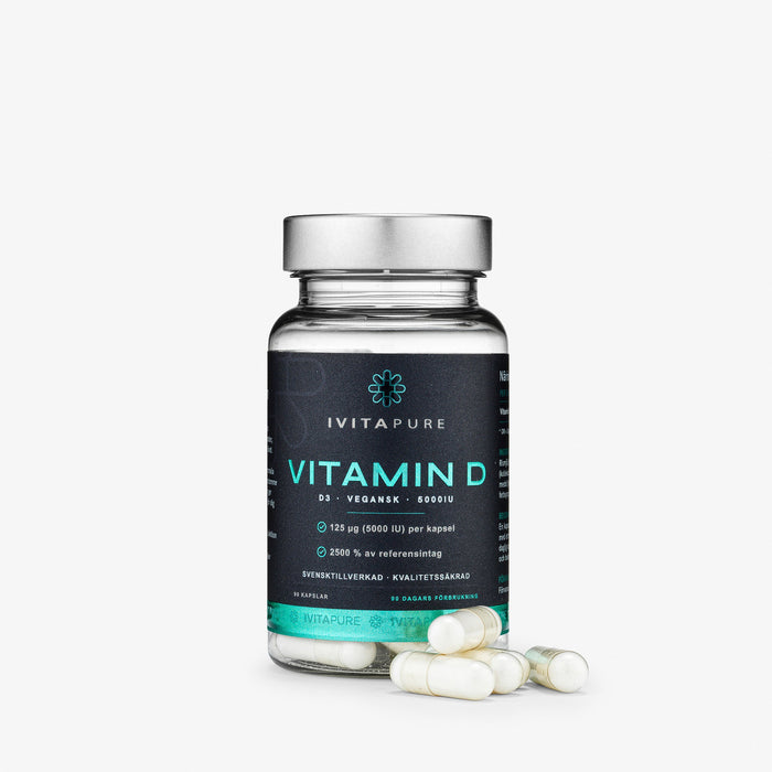 Ivitapure D-vitamin, burken framifrån med kapslar framför
