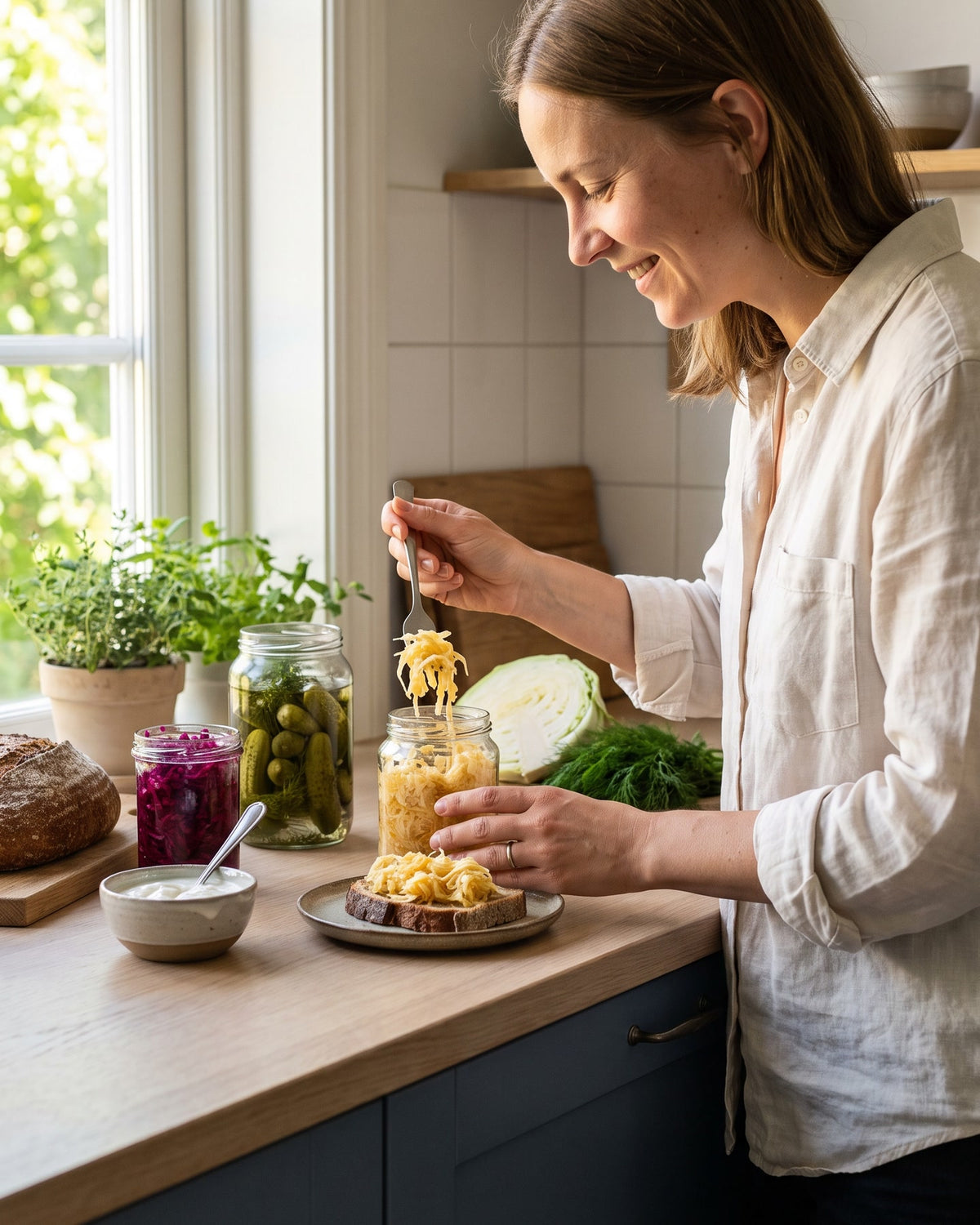 Kvinna lägger surkål på en skiva surdegsbröd i ett ljust kök