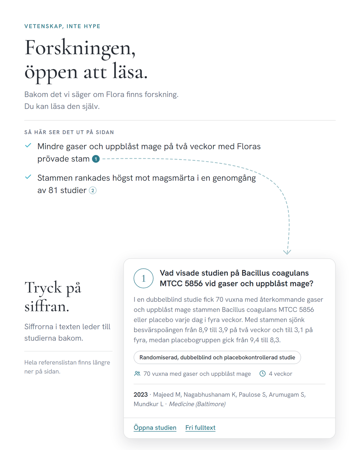 Två punkter ur köprutan med referenssiffror, och ett uppslaget studiekort som visar vad som händer när man trycker på siffran