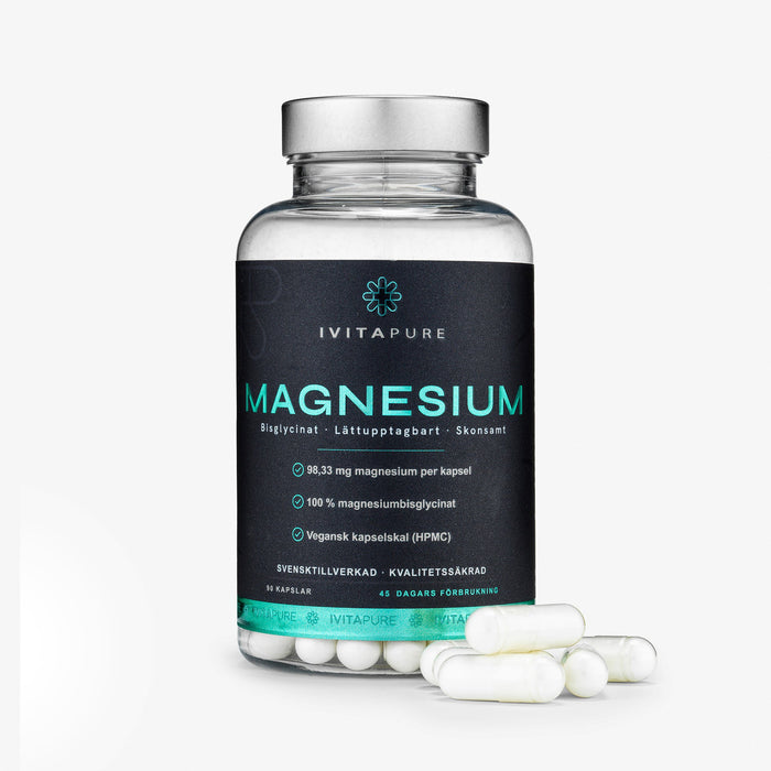 Ivitapure Magnesium, burken framifrån med kapslar framför