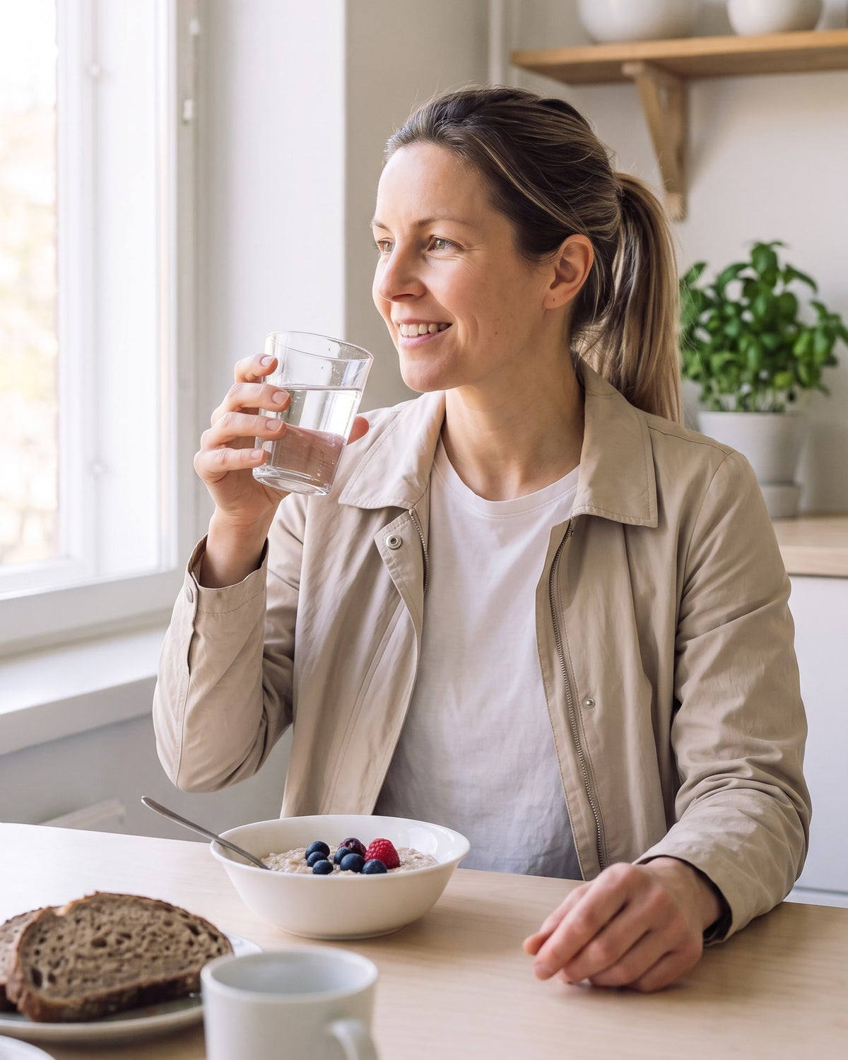 Kvinna vid frukostbordet en ljus morgon med ett glas vatten i handen