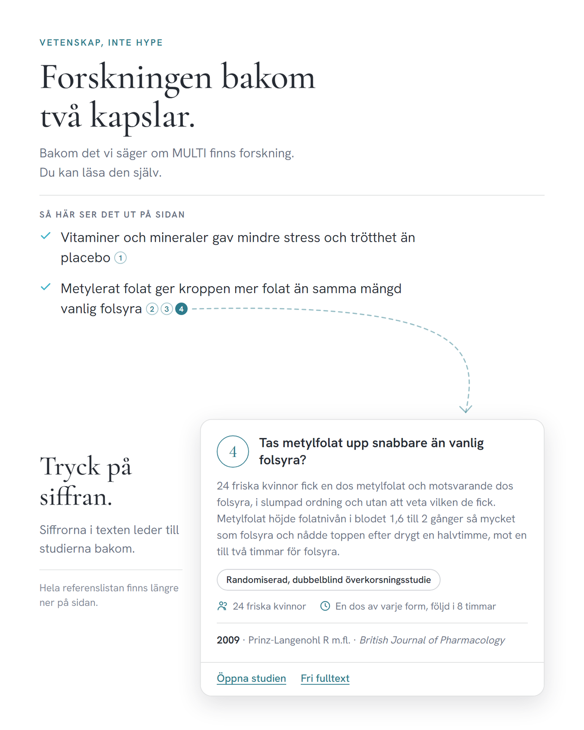Två påståenden om MULTI med referenssiffror, och ett uppslaget studiekort som visar vad som händer när man trycker på siffran