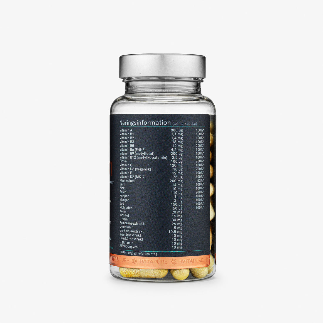 Baksidan av en burk Ivitapure MULTI med näringsinformation och ingredienser
