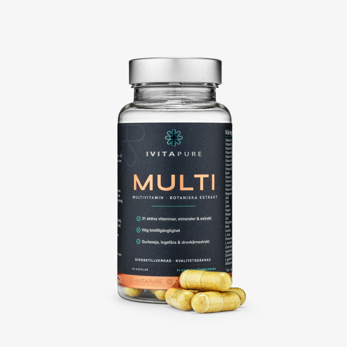 Ivitapure MULTI, klar burk med silverlock och gula kapslar framför