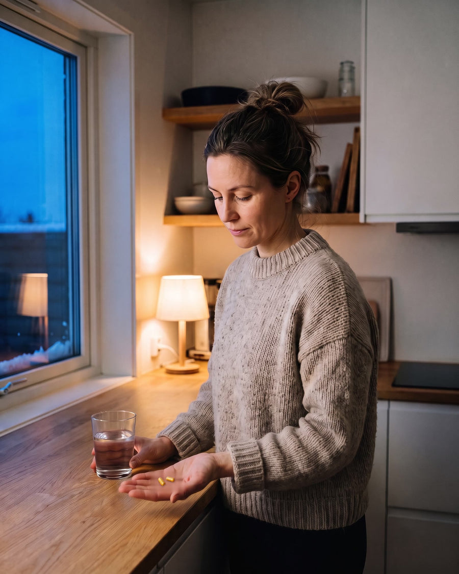 Kvinna i köket en vintermorgon med två kapslar i handen och ett glas vatten