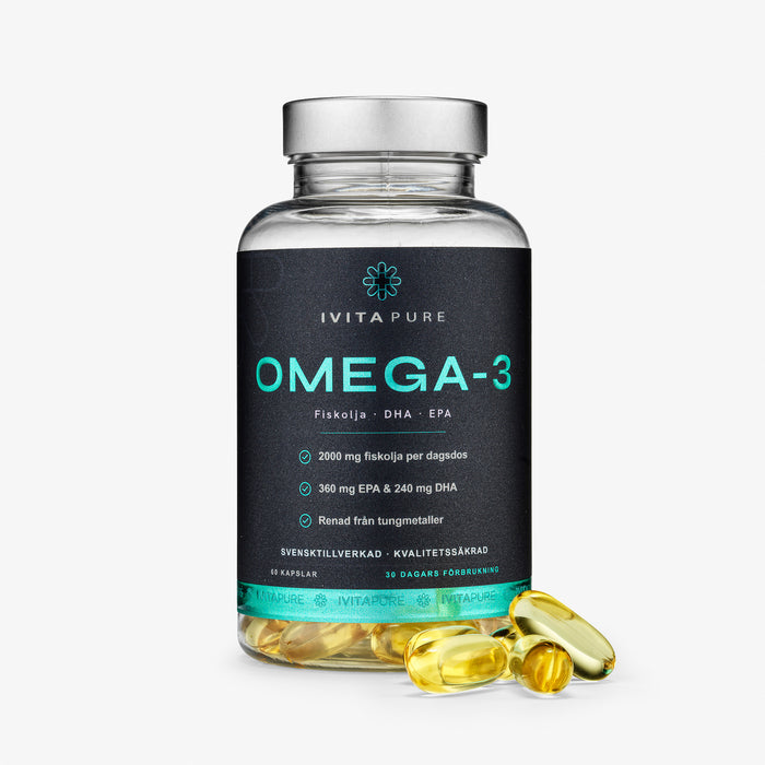 Ivitapure Omega-3, burken framifrån med kapslar framför